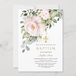 Delikate rosa Blume Gold Cross Girl Taufe Einladung