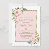 Delikate rosa Blume überqueren Goldtaufe Einladung (Vorderseite)