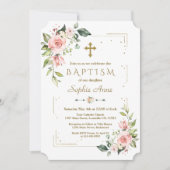 Delikate Rosa Blush Blume Gold Glitzer Taufe Einladung (Vorderseite)