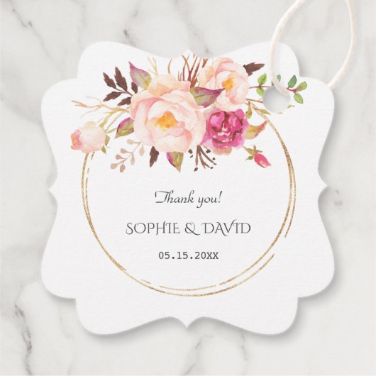 Delikate Rosa Blush Blume Gold Wedding Geschenkanhänger (Rückseite)