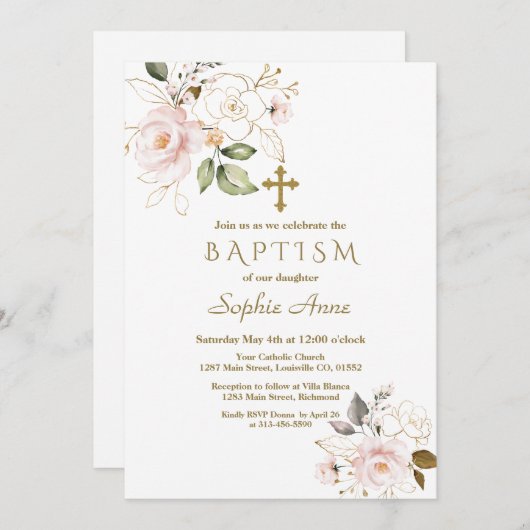 Delikate Rosa Blush Gold Blume kreuzen Taufen Einladung (Vorne/Hinten)