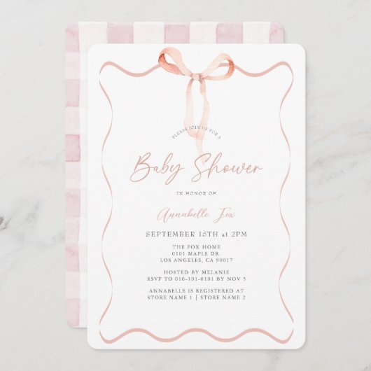 Delikate Rosa Ribbon Bow Girl Baby Dusche Einladung (Vorne/Hinten)