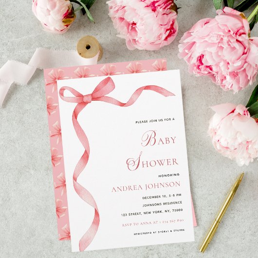 Delikate rosa Ribbon Bow Modern Girl Baby Dusche Save The Date