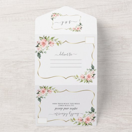 Delikate Rosa Rosa Blume Gold Frame All In One Einladung (Außenbereich)