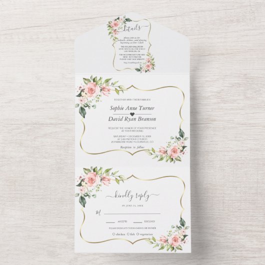 Delikate Rosa Rosa Blume Gold Frame All In One Einladung (Innen Boden)