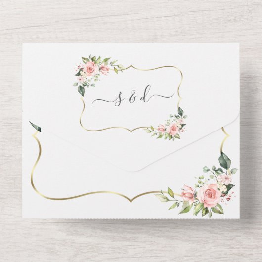 Delikate Rosa Rosa Blume Gold Frame All In One Einladung (Rückseite)