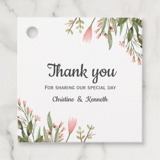 Delikate rosa Wildblumen danke Ihnen Hochzeit Geschenkanhänger (Vorderseite)