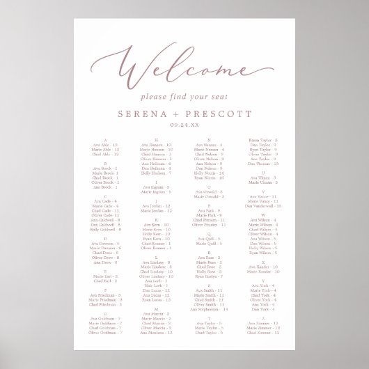 Delikate Rose Gold Alphabetische Sitzkarte Poster (Vorne)