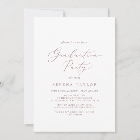 Delikate Rose Gold Calligraphy Graduation Party Einladung (Vorderseite)