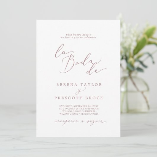 Delikate Rose Gold Calligraphy La Boda De Wedding Einladung (Stehend Vorderseite)