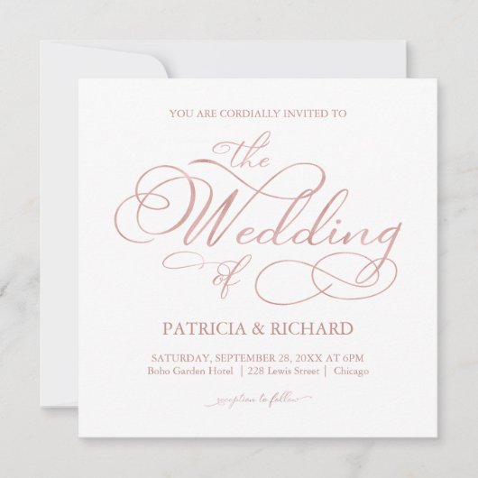 Delikate Rose Gold Foil Script Hochzeit Einladung (Vorderseite)