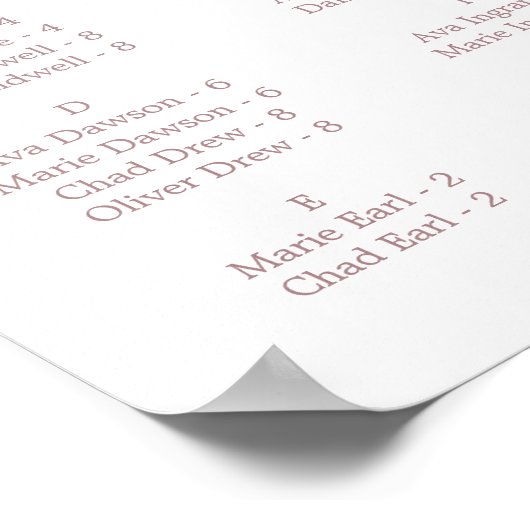 Delikate Rose Gold Horizontale alphabetische Sitzp Poster (Ecke)