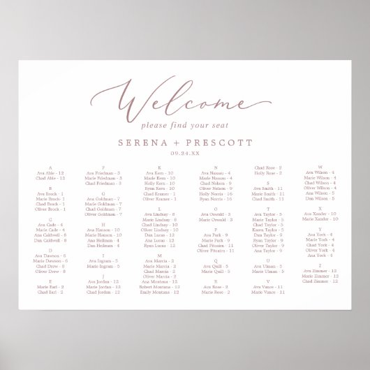 Delikate Rose Gold Horizontale alphabetische Sitzp Poster (Vorne)