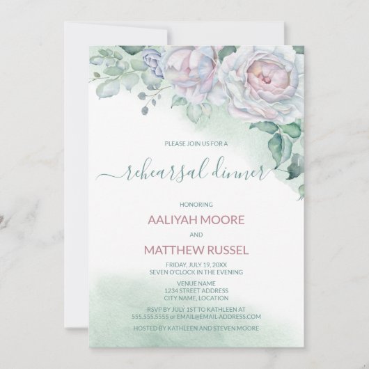 Delikate Rose Probe Abendessen Einladung (Vorderseite)