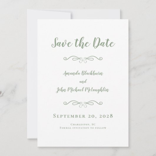 Delikate Sage Green Script Romantische Kalligraphi Save The Date (Vorderseite)
