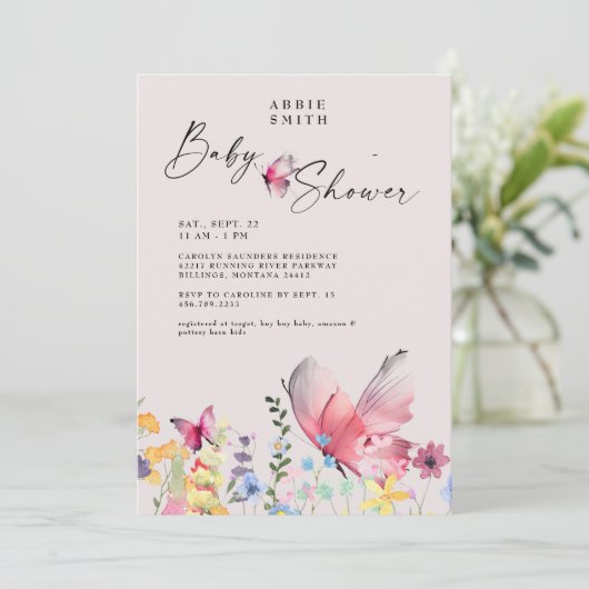 Delikate Schmetterlinge und Wildblumen Babydusche Einladung (Stehend Vorderseite)
