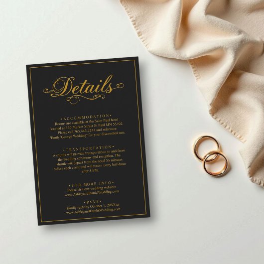 Delikate Schwarz-Gold-Script einfache Hochzeit Begleitkarte