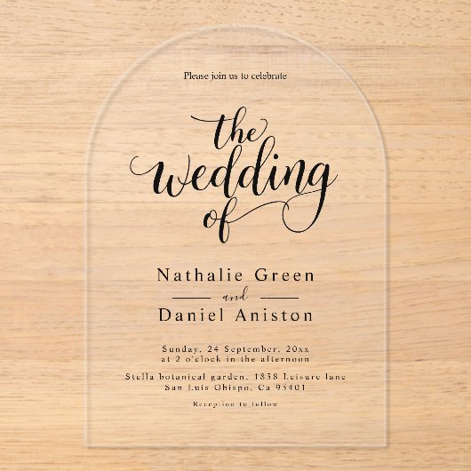 Delikate Schwarz-Weiß-Script Einfache Hochzeit Acryleinladungen (Vorderseite)