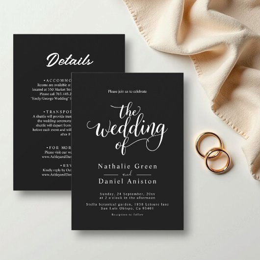 Delikate Schwarz-Weiß-Script Einfache Hochzeit Einladung