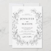 Delikate Schwarz-weiße Blumenzeremonie Einladung (Vorderseite)