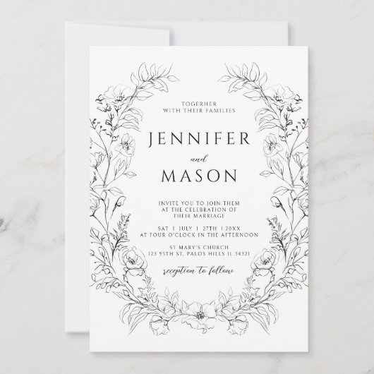 Delikate Schwarz-weiße Blumenzeremonie Einladung (Vorderseite)