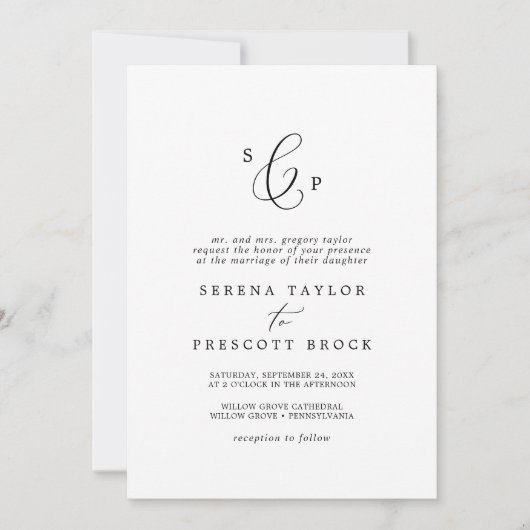 Delikate schwarze formale Monogramm in einer Hochz Einladung (Vorderseite)