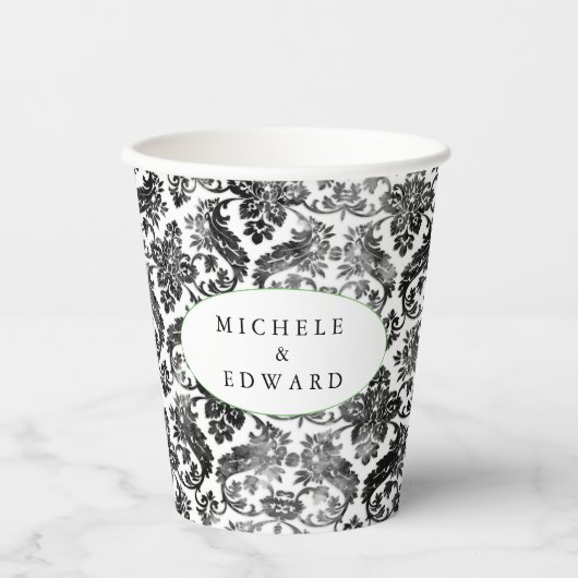 Delikate schwarze Grunge Damask Schnürpapierkupplu Pappbecher (Vorderseite)