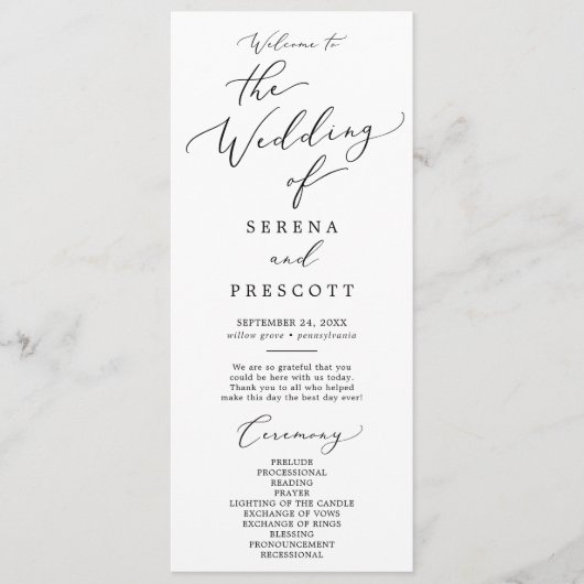 Delikate schwarze Kalligrafie - das Hochzeitsszena Programm (Vorderseite)