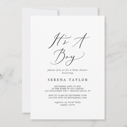 Delikate schwarze Kalligrafie Es ist eine Baby-Dus Einladung (Vorderseite)