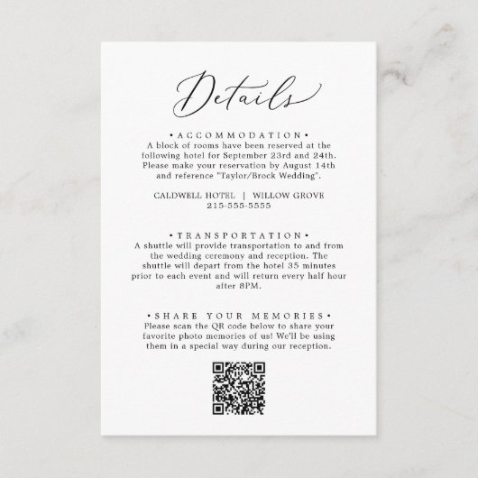 Delikate schwarze Kalligrafie QR-Code Details Begleitkarte (Vorderseite)