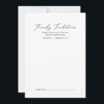 Delikate schwarze Kalligraphie Familientraditionen Hinweiskarte<br><div class="desc">Diese delikate, schwarze Kalligraphie Familie Tradition Ratgeber ist perfekt für eine moderne Hochzeit und kann für jede Veranstaltung verwendet werden. Das romantische minimalistische Design besticht durch eine hübsche und elegante schwarze Typografie auf weißem Hintergrund mit einem sauberen und schlichten Look. Diese Ratschläge können als Gästebuchalternative für Hochzeitsempfang, Brautparty oder Babydusche...</div>
