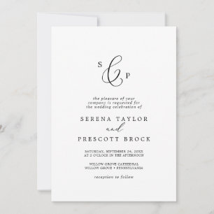 Delikate Schwarze Kalligraphie Formal Monogram Wed Einladung