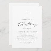 Delikate Schwarzkalligraphie Cross Christening Einladung (Vorne/Hinten)