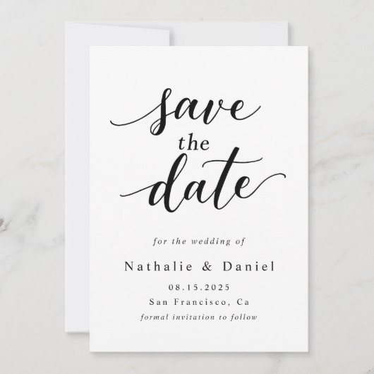 Delikate Script Black and White QR Code Hochzeit Save The Date (Vorderseite)
