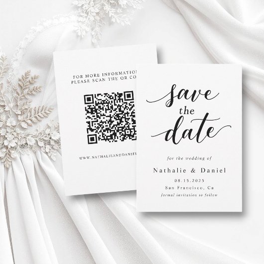 Delikate Script Black and White QR Code Hochzeit Save The Date