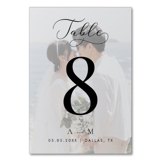 Delikate Script White Fade Foto Monogram Wedding Tischnummer (Rückseite)