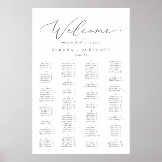 Delikate Silber Alphabetical Seating Chart Poster (Vorne)