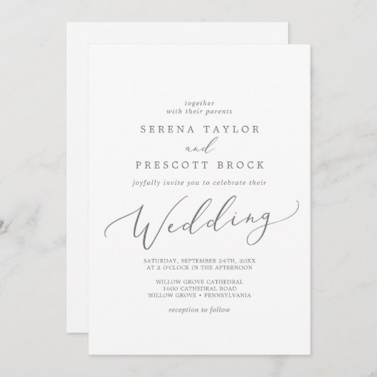 Delikate Silver Calligrafy Wedding Einladung (Vorne/Hinten)