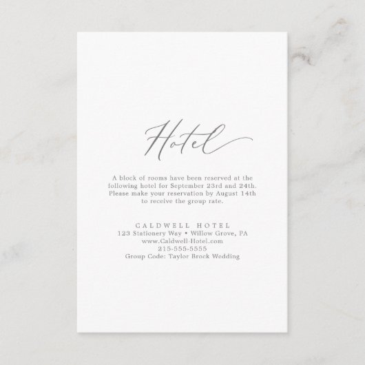 Delikate Silver Calligraphy Hotel Enclosure Card Begleitkarte (Vorderseite)