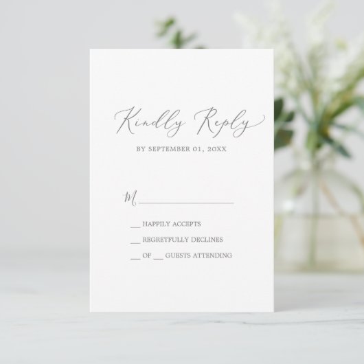 Delikate Silver Calligraphy Simple RSVP Card (Stehend Vorderseite)