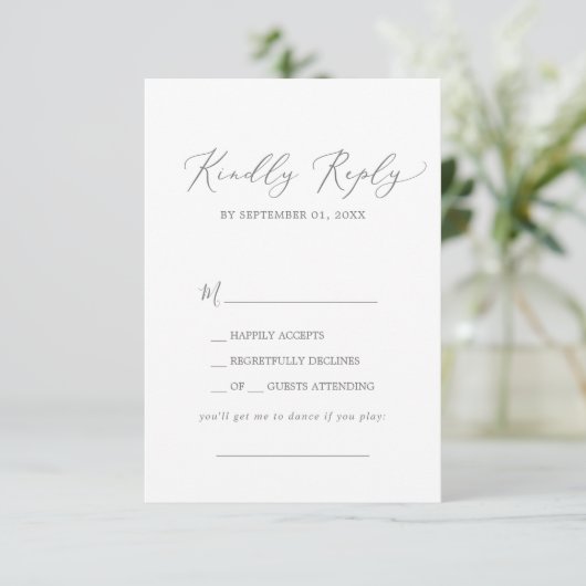 Delikate Silver Calligraphy Song Request RSVP Card (Stehend Vorderseite)