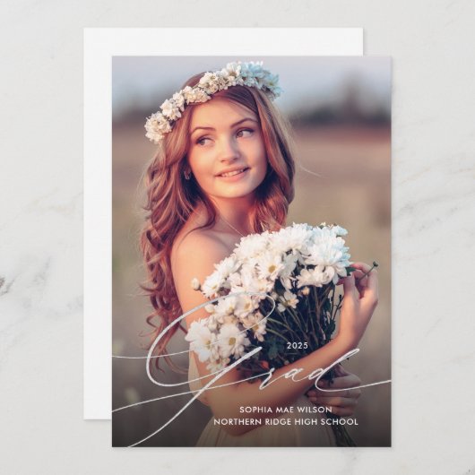 Delikate Silver Script 1-Foto Graduation Party Einladung (Vorne/Hinten)