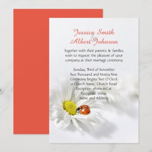 Delikate Spring Daisy Ladybug Wedding Einladung (Vorne/Hinten)
