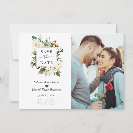 Delikate Wasserfarbe Weiße Blume Foto Hochzeit Save The Date (Vorderseite)