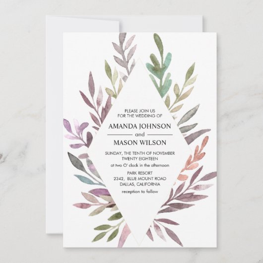Delikate Watercolor Foliage Hochzeit Einladung (Vorderseite)