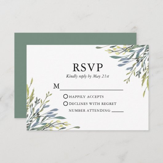 Delikate Watercolor Grüne Sage Grüne Hochzeit RSVP Karte (Vorne/Hinten)