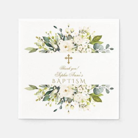 Delikate Weißcreme-Blume Goldkreuz-Taufe Serviette (Vorderseite)