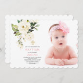 Delikate weiße Blume Foto Girl Gold Taufe Einladung (Vorne/Hinten)