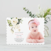 Delikate weiße Blume Foto Girl Gold Taufe Einladung (Stehend Vorderseite)