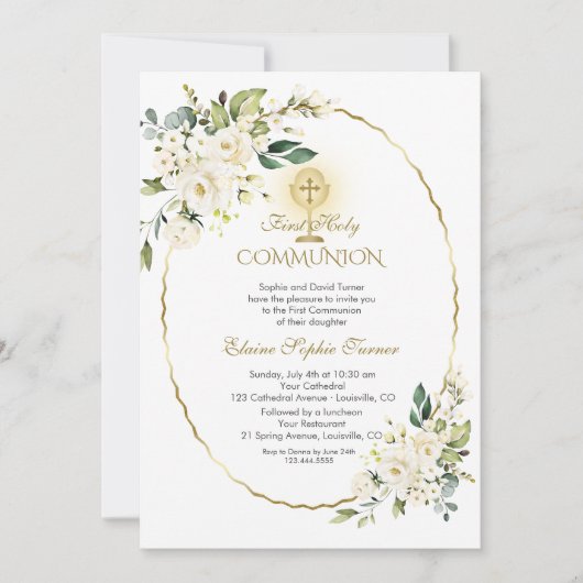 Delikate weiße Blume Gold Erste Heilige Kommune Einladung (Vorderseite)